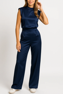Ellie | Hoher Ausschnitt Weites Bein Jumpsuit – Marineblau