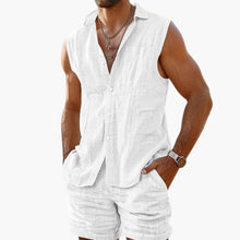Herren Set mit ärmellchem Hemd und Shorts für den Sommer – Weiß