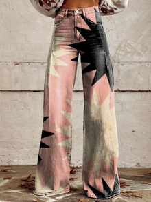 Weit geschnittene Jeans | High Waist | Grafisches Sternenmuster – Mehrfarbig