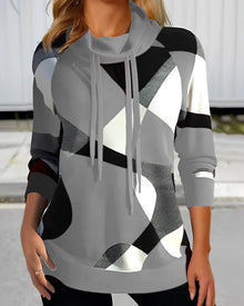 Bedruckter Rollkragenpullover mit Kapuze – Grau