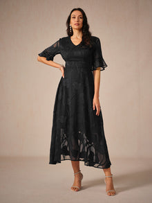 Aishana Damen kurzarm bedrucktes Midi Kleid – Schwarz