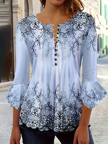 Mesley – Bluse Med Halvlange Ærmer, Blomsterprint Og Flæsekant – Blau