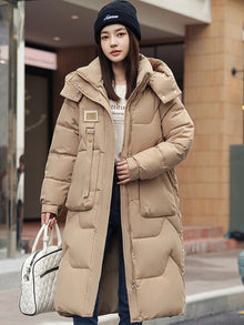 Elegante Warme Lange Puffer Winterjacke mit Kapuze für Damen | Ideal für den Winter – Khaki
