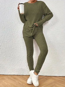 Lässiges Langarm-Crewneck-Oberteil Und High-Waist-Skinny-Hosen-Set Für Damen | Ideal für Outdoor-Aktivitäten – Grün