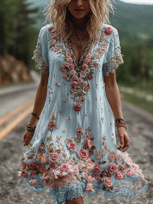 Giselda - blumenbesticktes Kleid – Blau