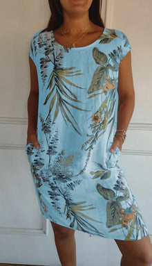 Damen Baumwolle Leinen Bedrucktes Sommerkleid mit Taschen – Hellblau
