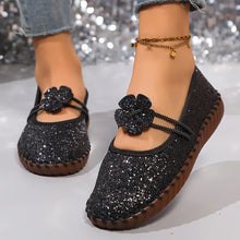 Glitzer-Ballerinas mit Blume | Elastikriemen | Funkelnd & Verspielt – Schwarz