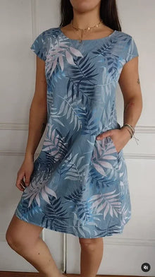 Damen Baumwolle Leinen Bedrucktes Sommerkleid mit Taschen – Meeresblau
