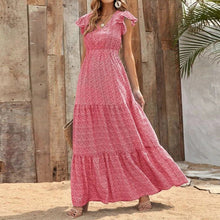 Bohemien Kleid mit V Ausschnitt und Blumenprint kurze Ärmel – Rot