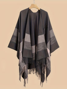 Kyrine - Poncho Schal Mit Fransen Und Geometrischem Muster – Dunkelgrau