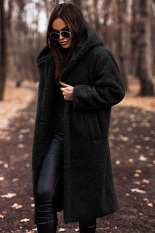 Damen Teddyfell-Mantel mit Kapuze – Stylischer und warmer langer Wintermantel für kalte Tage – Schwarz