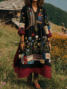 Eresha - Lässiges Langarm Kleid Mit Blumenmuster – Schwarz