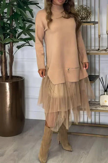 Kleid mit Rollkragen | Tüllrock | Layering-Design mit Reißverschlussdetail – Beige