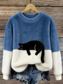 Aiste - Lässiger Pullover Mit Katzenmotiv – Blau