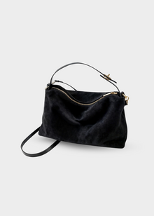 Wildleder Handtasche Damen – Vintage Umhängetasche mit Reißverschluss – Schwarz