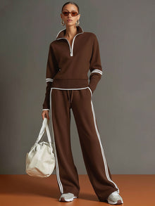 Vintage-inspirierter grauer und weißer Halbzip-Sweatshirt mit weitem Hosen-Set – Braun