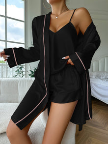 Elegantes Satin Robe, Bequeme Tops Und Shorts 3-teiliges Pyjama Set Für Damen | Ideal für den Alltag – Schwarz