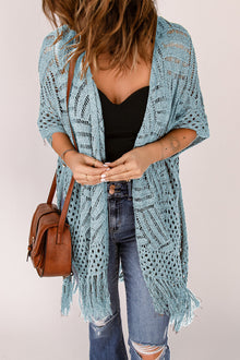 Gehäkelte Strickjacke | Fransen-Details | Boho-Chic – Blauer Nebel