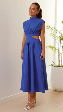 Elegantes schwarzes Midikleid mit Cut-Outs – Stehkragen & Plissee für stilvolle Auftritte – Blau