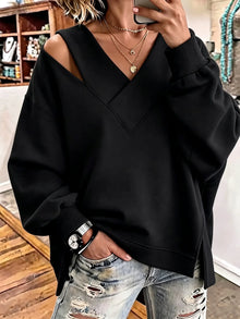 Kirstan – Schickes Oversize Sweatshirt Mit V-Ausschnitt Und Cut-out – Schwarz