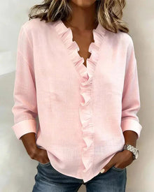 Pabasari - Stilvolle Bluse Mit V-Ausschnitt Und Zarten Rüschen – Rosa
