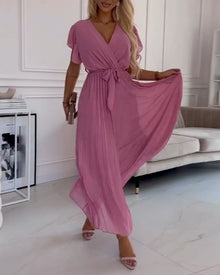 Saoirse® | Elegantes Kleid mit gerafften Ärmeln und V-Ausschnitt – Rosa
