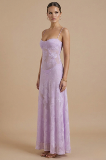 Damen Maxikleid mit Blumenmuster, Spaghettiträgern und taillierter Passform – Lila
