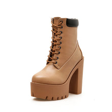 Damen Schnürstiefeletten – Plateau-Stiefel mit Blockabsatz und Robuster Sohle in Beige und Schwarz – Braun