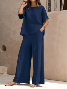 Josy – Set Aus Kurzärmeliger Bluse Und Hose mit Weitem Bein – Marineblau