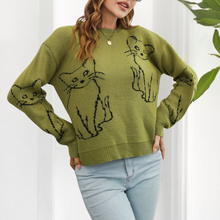 Verspielter Strickpullover | Katzenmotiv | Lässige Passform – Grün