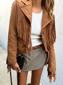 Natalie | Damen Boho-Chic Jacke aus Kunstwildleder mit Fransen – Braun