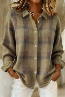 Damen Karo Strickjacke – Braun