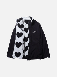 Verspielte Oversized Doppelseitige Herzmuster-Jacke – Schwarz