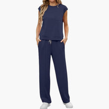 Zweiteiliges Sommer Set für Damen mit Kappärmeln und Taschen – Marineblau