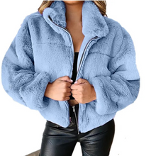 Elegante Teddyjacke mit Reißverschluss und Kragen für Damen – Blau