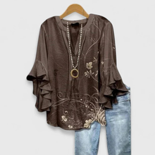 Viviane | Damen Blumen Rüschenärmel Casual Top – Braun