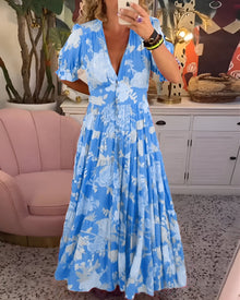 CATERINA | Langes Blumenmädchenkleid mit versteckten Taschen und femininer Schnitt für den Tag – Blau