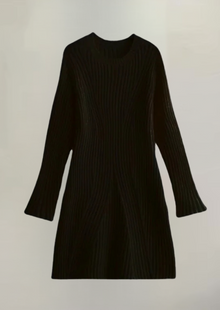 Damen Strickkleid – Rippstrick – Langarm – Bequemer Sitz – Schwarz
