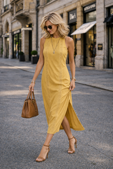 Johanna – Ärmelloses Midikleid mit Spitzendetails – Gelb