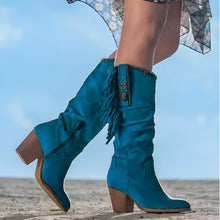 Felicia | Damen Western-Stiefel mit Fransen und klobigem Absatz – Blau