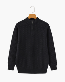 Roman | Chunky knit Herren Chasmere Pullover mit Kabelstrickmuster & Halb Reißverschluss Kragen – Schwarz