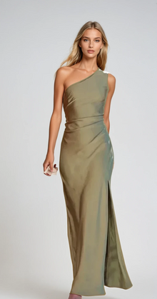 Damen Ein Schulter Maxi Lange Hochzeitsgast Kleid – Olivgrün