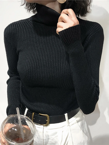 Damen Slim Fit Rollkragenpullover – Schwarz