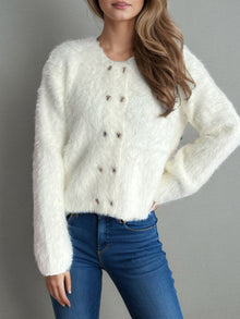 Flauschiger Strick-Cardigan | Herzförmige Knöpfe | Weich & gemütlich – White
