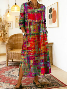 Manuela | Denim-Kleid mit ethnischem Patchwork – Rot