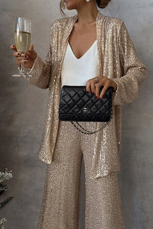 Zweiteiliges Set mit Pailletten | Weite Hose & Blazer | Glamourös und Elegant – Gold