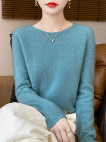 Lässiger Wollpullover mit Lammfell, Rundhalsausschnitt und mittlerem Stretch für Damen | Perfekt für den täglichen Tragekomfort – Blau