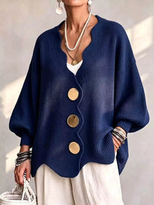 Gilian – Strickjacke Mit Knopfleiste Und Wellenrand – Marineblau