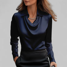 Theresa | Elegante Wasserfallausschnitt Satinbluse für Damen – Marineblau