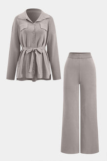 Celina | Stilvolles Strick-Zweiteiler-Set mit Taillengürtel – Helles Taupe